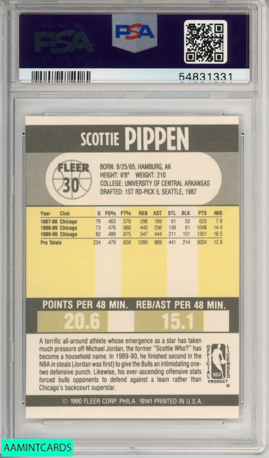 1990 FLEER SCOTTIE PIPPEN #30 CHICAGO BULLS HOF PSA 9 MINT